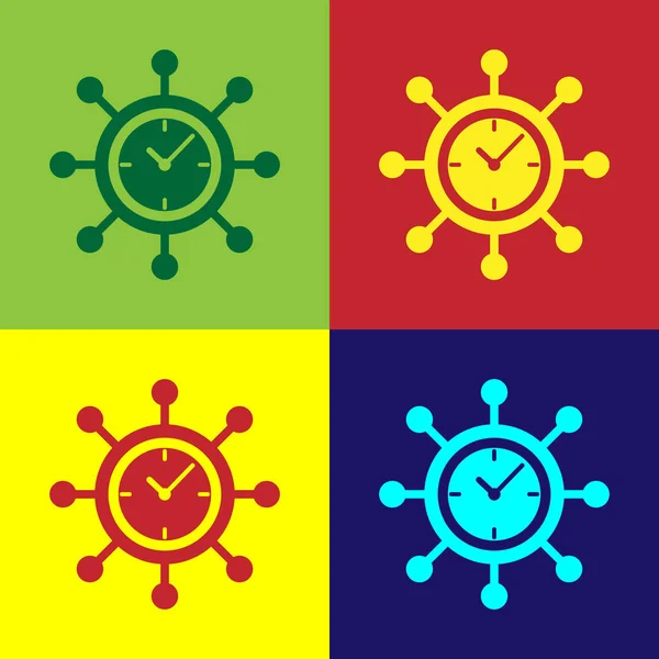 Farb-Uhr und Getriebe-Symbol isoliert auf farbigen Hintergründen. Zeitmanagement-Symbol. Geschäftskonzept. Nabe und Speichen und Uhr solides Symbol. flache Bauweise. Vektorillustration — Stockvektor