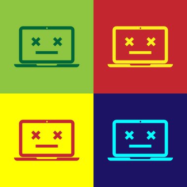 Renkli arka planlar üzerinde izole renk ölü dizüstü bilgisayar simgesi. 404 hatası ölü emoji ile dizüstü bilgisayar gibi. Ölümcül hata içinde pc sistem. Düz tasarım. Vektör çizim