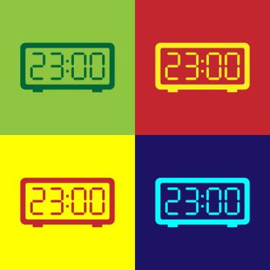 Renk dijital çalar saat simgesi üzerinde renkli arka planlar izole. Elektronik saat çalar saat. Saat simgesi. Düz tasarım. Vektör çizim