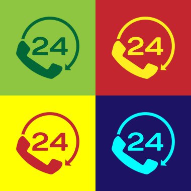 Renk telefon 24 Saat simgesi üzerinde renkli arka planlar izole destekler. Tüm gün müşteri destek çağrı merkezi. Tam zamanlı çağrı Hizmetleri. Düz tasarım. Vektör çizim