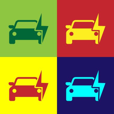 Renk elektrikli otomobil ve elektrik kablosu şarj simgesi üzerinde renkli arka planlar izole takın. Yenilenebilir çevre teknolojileri. Düz tasarım. Vektör çizim