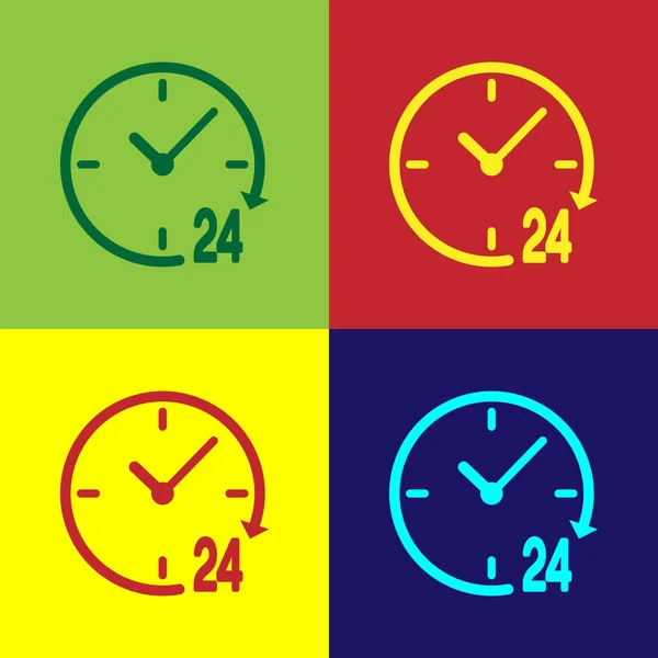 Kleur klokpictogram 24 uur geïsoleerd op een gekleurde achtergrond. Alle dag cyclische pictogram. 24 uur service symbool. Platte ontwerp. Vectorillustratie — Stockvector