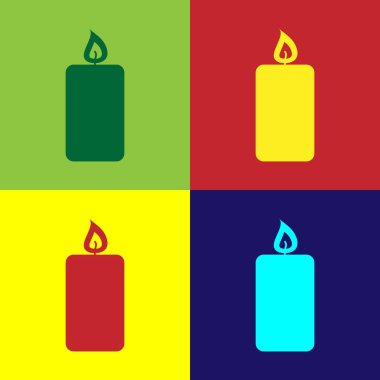 Renkli arka planlar üzerinde izole renk yanan mum kutsal kişilerin resmi. Eski moda mum yaktı. Alev yanan ile silindirik aromatik mum sopa. Düz tasarım. Vektör çizim