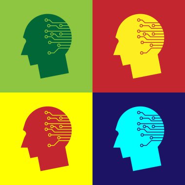 Renk renk arka plan üzerinde izole dijital devre kartı simge olarak insan beyni. Yapay zeka. İnsan kafa anahat ile devre sınırların içinde. Vektör çizim