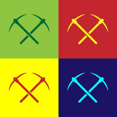 Renkli arka planlar üzerinde izole renk çapraz kazma kutsal kişilerin resmi. Blockchain teknoloji, cryptocurrency madencilik, bitcoin, altcoins, dijital para piyasası. Vektör çizim