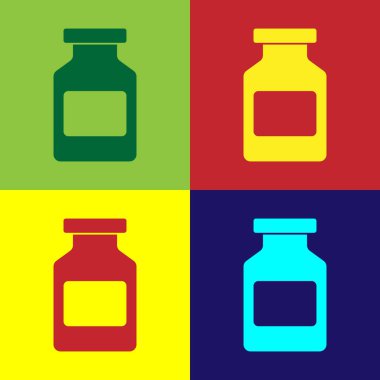 Renkli arka planlar üzerinde izole renk tıp şişe kutsal kişilerin resmi. Şişe hap işareti. Eczane Tasarım. Vektör çizim