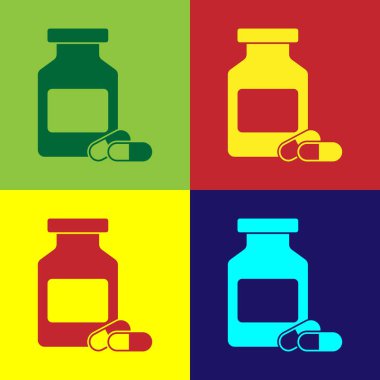 Renkli arka planlar üzerinde izole renk tıp şişe ve hapları simgesi. Şişe hap işareti. Eczane Tasarım. Vektör çizim