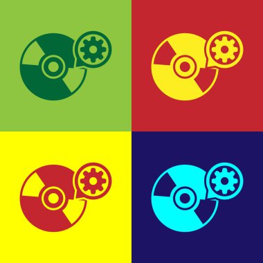 Renk Cd veya Dvd disk ve dişli simgesini renkli arka planlar üzerinde izole. Ayarlama app, hizmet anlayışı, ayar seçenekleri, bakım, onarım, tamir. Vektör çizim