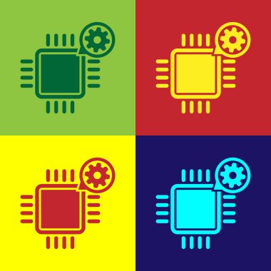 Renk işlemci ve renkli arka planlar üzerinde izole dişli simgesini. CPU, çip hizmet anlayışı. Ayarlama app, ayar seçenekleri, bakım, onarım, tamir. Vektör çizim