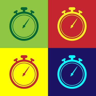 Renkli arka planlar üzerinde izole renk kronometre simgesi. Zaman zaman işareti. Chronometre işareti. Vektör çizim