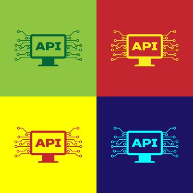 Renkli arka planlar üzerinde izole renk bilgisayar API arabirimi simgesini tıklatın. Uygulama programlama arabirimi API teknoloji. Yazılım entegrasyonu. Vektör çizim
