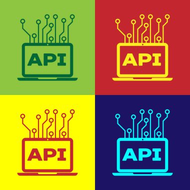 Renkli arka planlar üzerinde izole renk bilgisayar API arabirimi simgesini tıklatın. Uygulama programlama arabirimi API teknoloji. Yazılım entegrasyonu. Vektör çizim