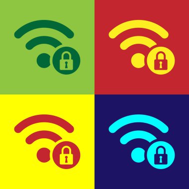 Renk Wifi renkli arka planlar üzerinde izole işareti simgesi kilitli. Şifre kablosuz simgesi. Kablosuz ağ simgesini. WiFi alanına. Vektör çizim