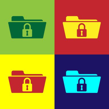 Renk klasör ve renkli arka planlar üzerinde izole kilit simgesi. Kapalı klasör ve asma kilit. Güvenlik, güvenlik ve koruma kavramı. Vektör çizim