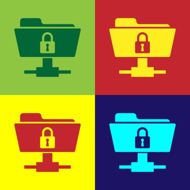 Renkli arka planlar üzerinde izole renk Ftp klasör ve kilit simgesi. Yazılım güncelleştirmesi, ftp Aktarım Protokolü kavramı. Güvenlik, güvenlik ve koruma kavramı. Vektör çizim