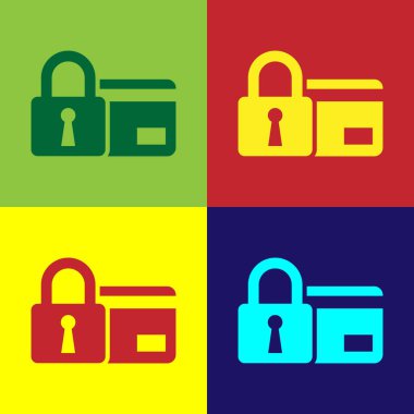 Renk renk arka plan üzerinde izole kilit simgesi ile kredi kartı. Banka kartı kilitli. Güvenlik, güvenlik ve koruma kavramı. Güvenli bir ödeme kavramı. Vektör çizim