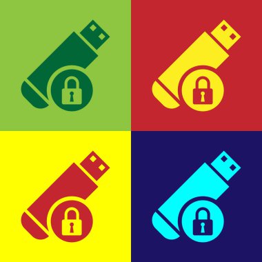 Renkli arka planlar üzerinde izole kapalı asma kilit simgesine sahip renk Usb birden parlamak götürmek. Güvenlik, güvenlik ve koruma kavramı. Vektör çizim