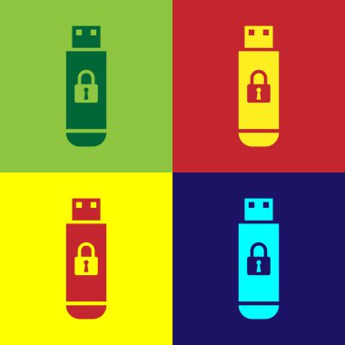 Renkli arka planlar üzerinde izole kapalı asma kilit simgesine sahip renk Usb birden parlamak götürmek. Güvenlik, güvenlik ve koruma kavramı. Vektör çizim