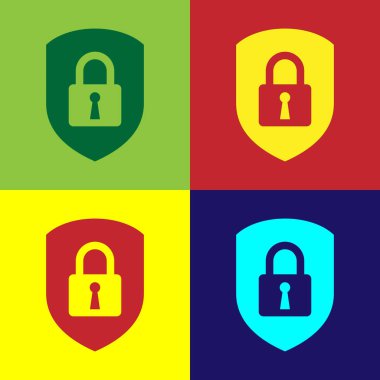 Renkli arka planlar üzerinde izole kilit simgesi ile kalkan güvenlik renk. Koruma, güvenlik, parola güvenliği. Güvenlik Duvarı erişim gizlilik işareti. Vektör çizim