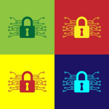Siber Güvenlik simgesi üzerinde renkli arka planlar izole renk. Dijital devre kartı üzerinde kapalı asma kilit. Emniyet konsepti. Dijital veri koruma. Vektör çizim
