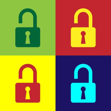 Renk açık asma kilit simgesi üzerinde renkli arka planlar izole. Kilit işareti açıldı. Siber güvenlik kavramı. Dijital veri koruma. Emanet Emanet. Vektör çizim