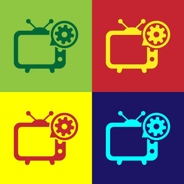 TV a colori e icona ingranaggi isolati su sfondi a colori. Il concetto di servizio televisivo. Regolazione app, opzioni di impostazione, manutenzione, riparazione, fissaggio. Illustrazione vettoriale — Vettoriale Stock