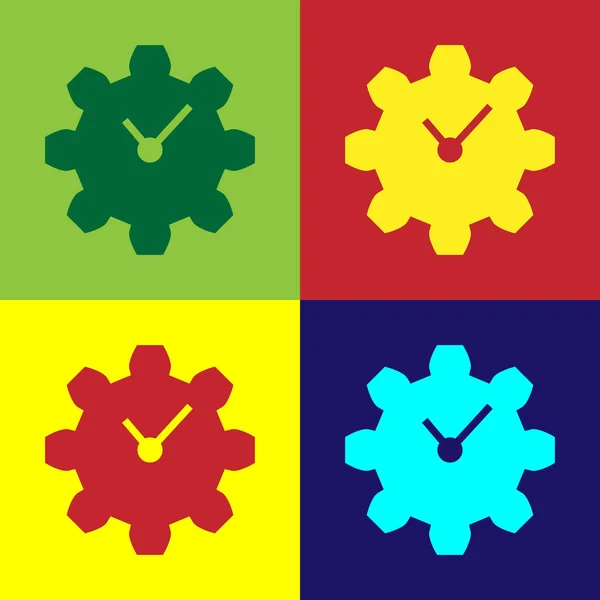 Farbzeitmanagement-Symbol isoliert auf farbigen Hintergründen. Uhr und Schaltzeichen. Produktivitätssymbol. Vektorillustration — Stockvektor