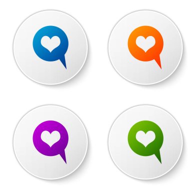 Beyaz arka plan üzerinde izole konuşma balonu simgesinin rengi kalbi. Kalp şeklinde mesaj kabarcık. İşareti seviyorum. Sevgililer günü sembolü. Renk simgesi daire düğmeleri ayarlayın. Vektör çizim