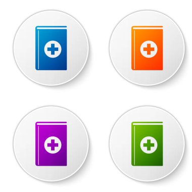 Renk tıbbi kitap simgesi beyaz arka plan üzerinde izole. Renk simgesi daire düğmeleri ayarlayın. Vektör çizim