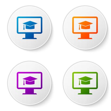 Beyaz arka plan üzerinde izole mezuniyet kap simgesi olan renk bilgisayar monitörü. Çevrimiçi öğrenme ya da e-öğrenme kavramı. Internet Bilgi simgesi. Renk simgesi daire düğmeleri ayarlayın. Vektör çizim