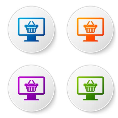 Beyaz arka plan üzerinde izole sepet simgesi alışveriş ile bilgisayar monitörü renk. Online alışveriş sepeti. Süpermarket sepet simgesi. Renk simgesi daire düğmeleri ayarlayın. Vektör çizim
