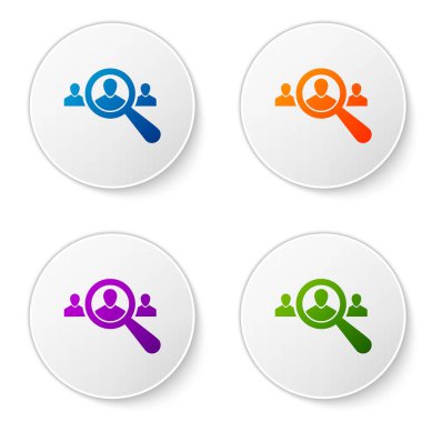 Büyüteç camı'nı arama için bir kişi simgesi beyaz arka plan üzerinde renkli. İşe Alım veya seçimi kavramı. Çalışanlar ve iş, insan kaynakları için arama. Renk çemberi düğmeleri ayarlayın. Vektör çizim