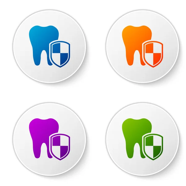 Color Dental protection icon isolated on white background. Tooth on shield logo. Set color icon in circle buttons. Vector Illustration — Stock Vector