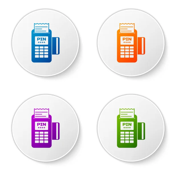 Kleur Pos terminal met ingevoegde creditcard en gedrukte ontvangst icon geïsoleerd op een witte achtergrond. NFC betaling concept. Stel de kleur pictogram in cirkel knoppen. Vectorillustratie — Stockvector