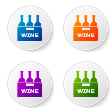 Renk şişe şarap beyaz arka plan üzerinde izole bir ahşap kutu simgesi. Şarap şişeleri ahşap sandık simgesi. Renk simgesi daire düğmeleri ayarlayın. Vektör çizim