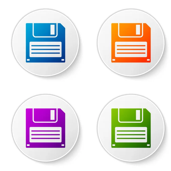 Farbdiskette für Computerdatenspeichersymbol isoliert auf weißem Hintergrund. Diskettenzeichen. setzen Farbsymbol in Kreis-Tasten. Vektorillustration — Stockvektor