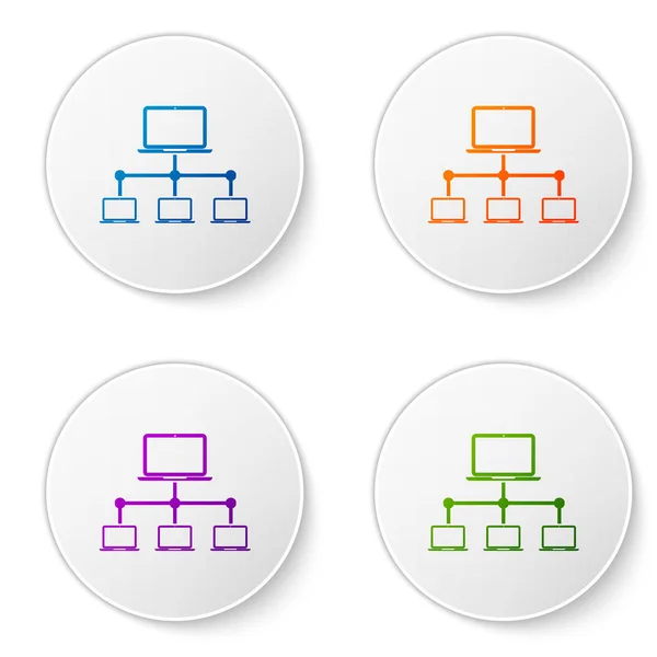 Color Icono de red de ordenador aislado sobre fondo blanco. Red de computadoras portátiles. Conexión a Internet. Establecer el icono de color en botones de círculo. Ilustración vectorial — Vector de stock