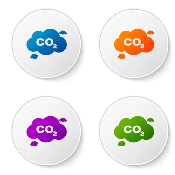 Color CO2 emissions in cloud icon isolated on white background. Carbon dioxide formula symbol, smog pollution concept, environment concept. Set color icon in circle buttons. Vector Illustration — Stock Vector