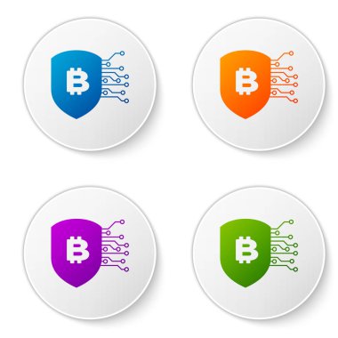 Beyaz arka plan üzerinde izole bitcoin simgesi olan kalkan renklendirin. Cryptocurrency madencilik, blockchain teknoloji, bitcoin, güvenlik, koruma, dijital para. Simgeler daire düğmeleri ayarlayın. Vektör çizim