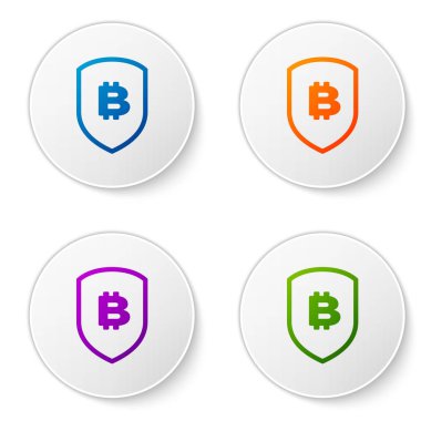 Beyaz arka plan üzerinde izole bitcoin simgesi olan kalkan renklendirin. Cryptocurrency madencilik, blockchain teknoloji, bitcoin, güvenlik, koruma, dijital para. Simgeler daire düğmeleri ayarlayın. Vektör çizim