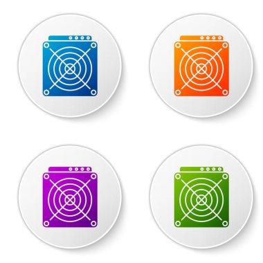 Renk ASIC madenci simgesi beyaz arka plan üzerinde izole. Cryptocurrency madencilik ekipmanları ve donanım. Uygulama özel tümleşik devre. Simgeler daire düğmeleri ayarlayın. Vektör çizim