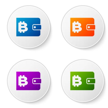 Renk Cryptocurrency cüzdan simgesi beyaz arka plan üzerinde izole. M-cüzdan ve bitcoin oturum açın. Araştırma kavramı. Ödeme, para, para simgesi. Simgeler daire düğmeleri ayarlayın. Vektör çizim