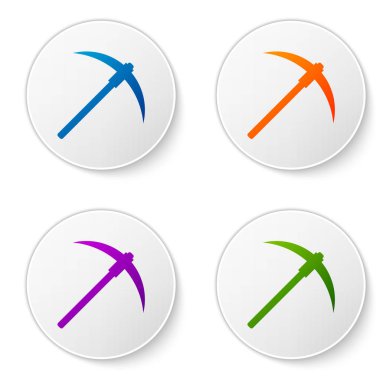 Renk kazma simgesi beyaz arka plan üzerinde izole. Blockchain teknoloji, madencilik, bitcoin, dijital para piyasası, cryptocoin cüzdan cryptocurrency. Simgeler daire düğmeleri ayarlayın. Vektör çizim