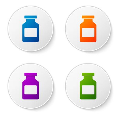 Beyaz arka plan üzerinde izole renk tıp şişe kutsal kişilerin resmi. Şişe hap işareti. Eczane Tasarım. Simgeler daire düğmeleri ayarlayın. Vektör çizim