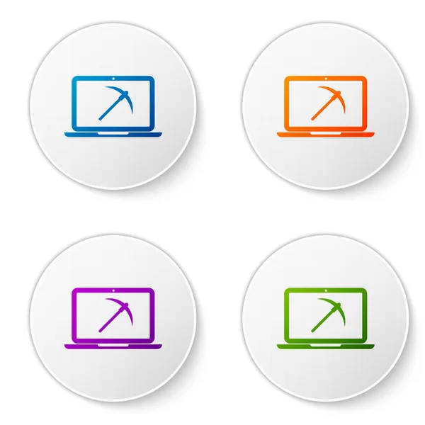 Color Mining Konzept mit Laptop und Spitzhacke-Symbol isoliert auf weißem Hintergrund. Blockchain-Technologie, Kryptowährungs-Mining, digitaler Geldmarkt. setzen Sie Symbole in Kreis-Buttons. Vektorillustration — Stockvektor
