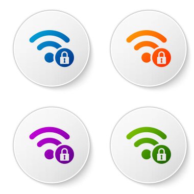 Renk Wifi beyaz arka plan üzerinde izole işareti simgesi kilitli. Şifre kablosuz simgesi. Kablosuz ağ simgesini. WiFi alanına. Simgeler daire düğmeleri ayarlayın. Vektör çizim