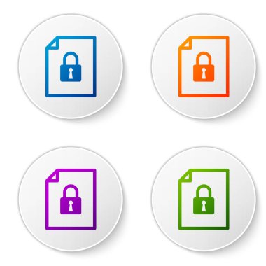 Beyaz arka plan üzerinde izole renkli belge ve kilit simgesi. Dosya biçimi ve asma kilit. Güvenlik, güvenlik ve koruma kavramı. Simgeler daire düğmeleri ayarlayın. Vektör çizim