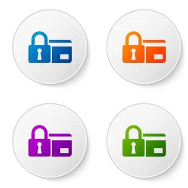 Beyaz arka plan üzerinde izole kilit simgesi ile renk kredi kartı. Banka kartı kilitli. Güvenlik, güvenlik ve koruma kavramı. Güvenli bir ödeme kavramı. Simgeler daire düğmeleri ayarlayın. Vektör çizim