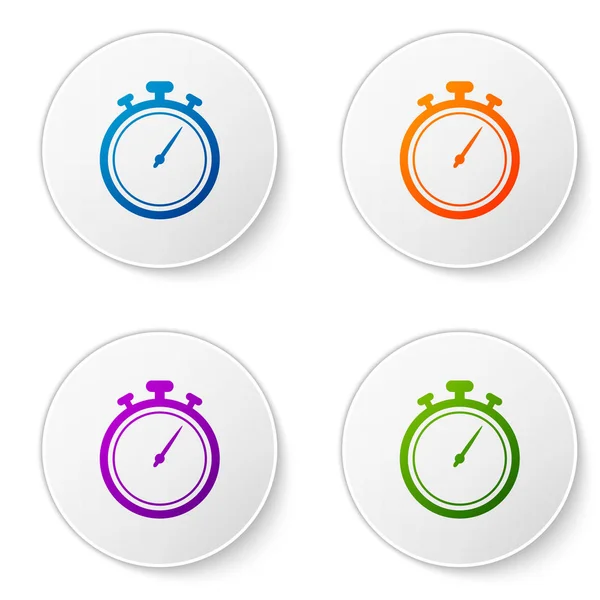 Kleur Stopwatch pictogram geïsoleerd op een witte achtergrond. Time timer teken. Chronometer teken. Pictogrammen in cirkel knoppen instellen Vectorillustratie — Stockvector