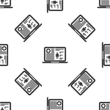 Üstünde perde-in laptop simgesi izole Dikişsiz desen beyaz arka plan üzerinde gri tıbbi klinik kayıt. Sağlık sigorta formu. Reçete, tıbbi onay işaretleri rapor belge. Vektör çizim